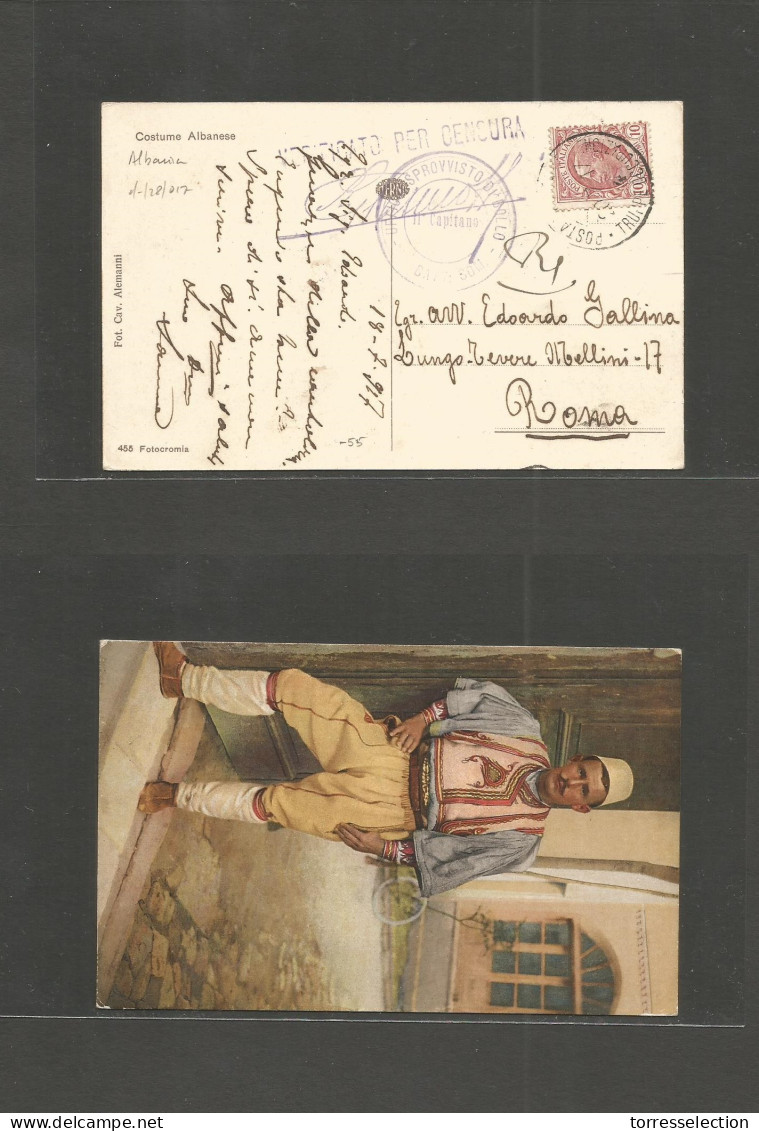 ALBANIA. 1917 (18 July) Italian Period WWI Military Cachets + Censored Card. Fkd 10c Fine. - Albania