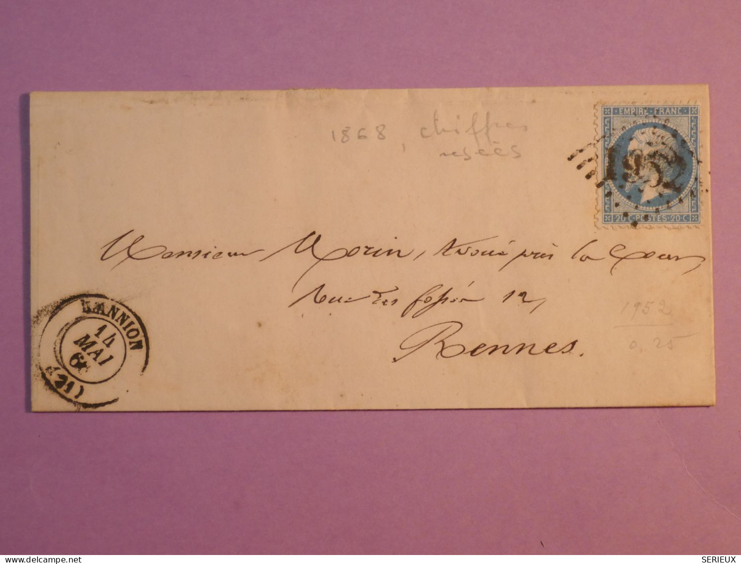 DL 7 FRANCE BELLE LETTRE  1868  LANNION A RENNES  +N° 22 LOS 1952+ ++AFF. INTERESSANT+ - 1849-1876: Klassik