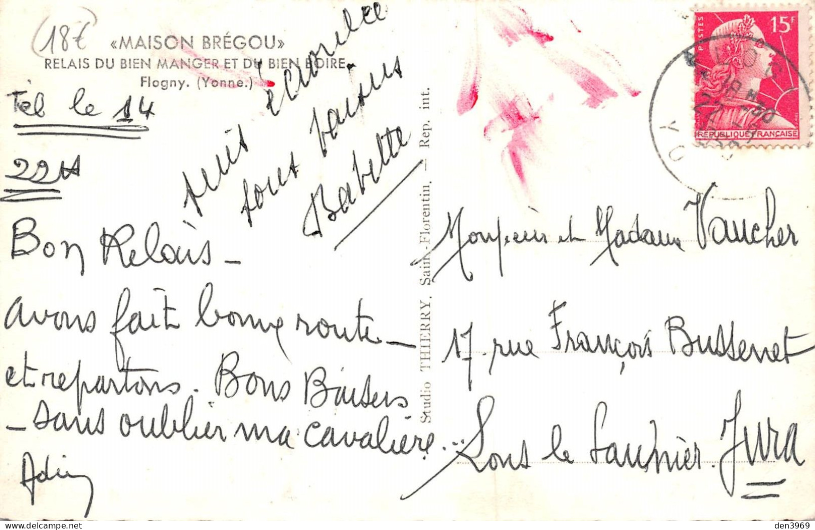 FLOGNY (Yonne) - Maison Brégou - Hôtel Des Voyageurs - Voyagé 1955 (2 Scans) Vaucher, 17 Rue François Bussenet à Lons 39 - Flogny La Chapelle