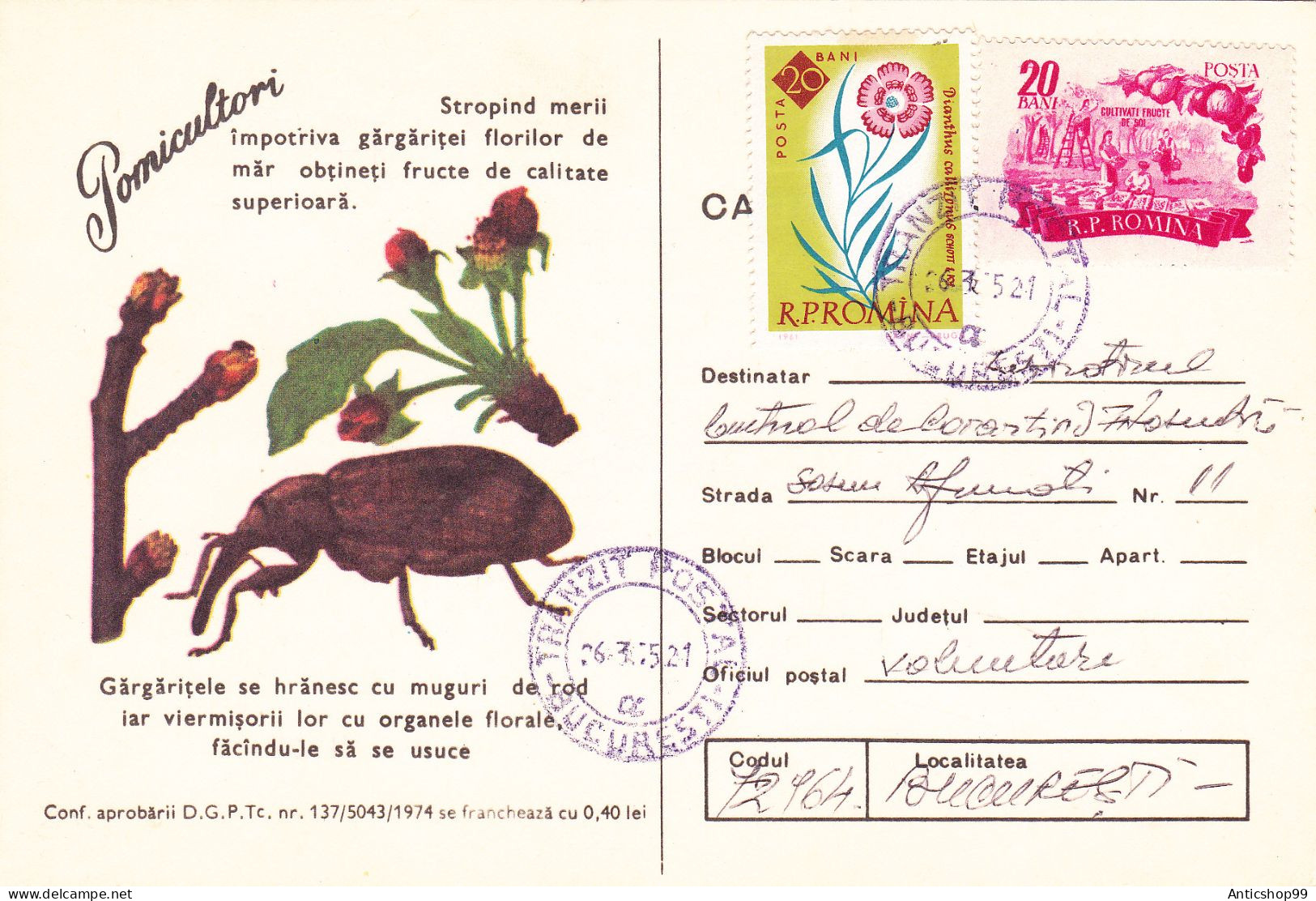 ADVERTISING THE FIGHTING OF PESTS,  UNUSED,  COD. 137/5043/74,  POST CARD STATIONERY   ROMANIA - Ganzsachen
