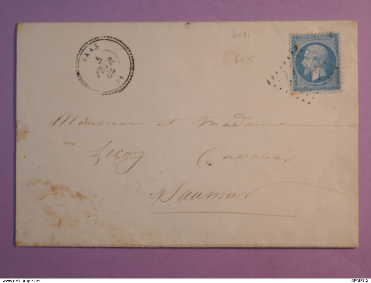 DL 7 FRANCE BELLE LETTRE  RARE 1865  PETIT BUREAU VAAS  A SAUMUR + N° 22+ ++AFF. INTERESSANT+ - 1849-1876: Periodo Classico