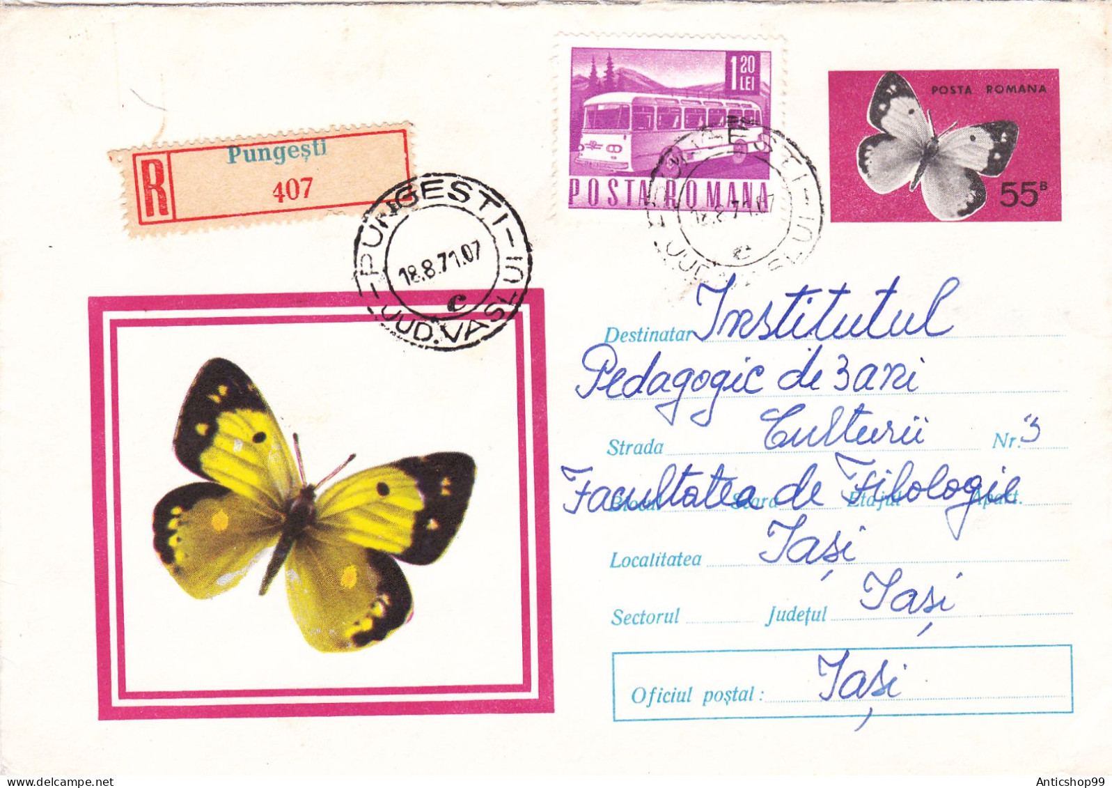 BUTTERFLY,  USED,  COD. 483/71,  COVERS STATIONERY   ROMANIA - Ganzsachen