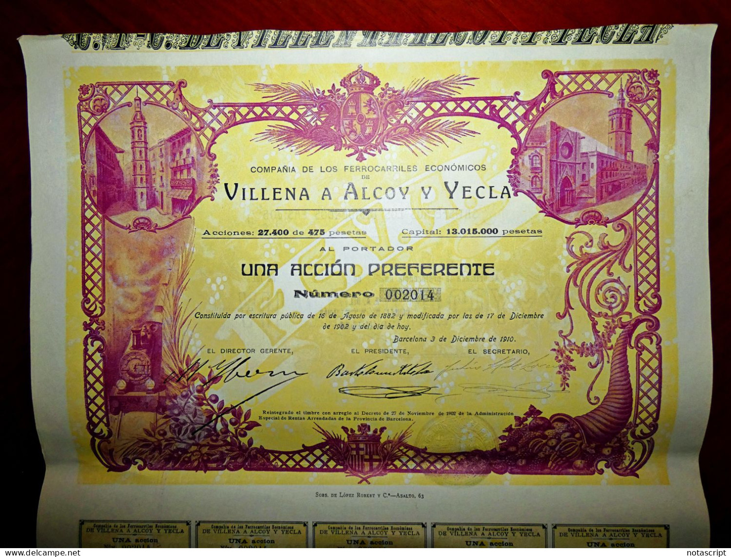 Ferrocarriles Económicos De Villena A Alcoy Y Yecla 1910, Spain  Share Certificate - Railway & Tramway