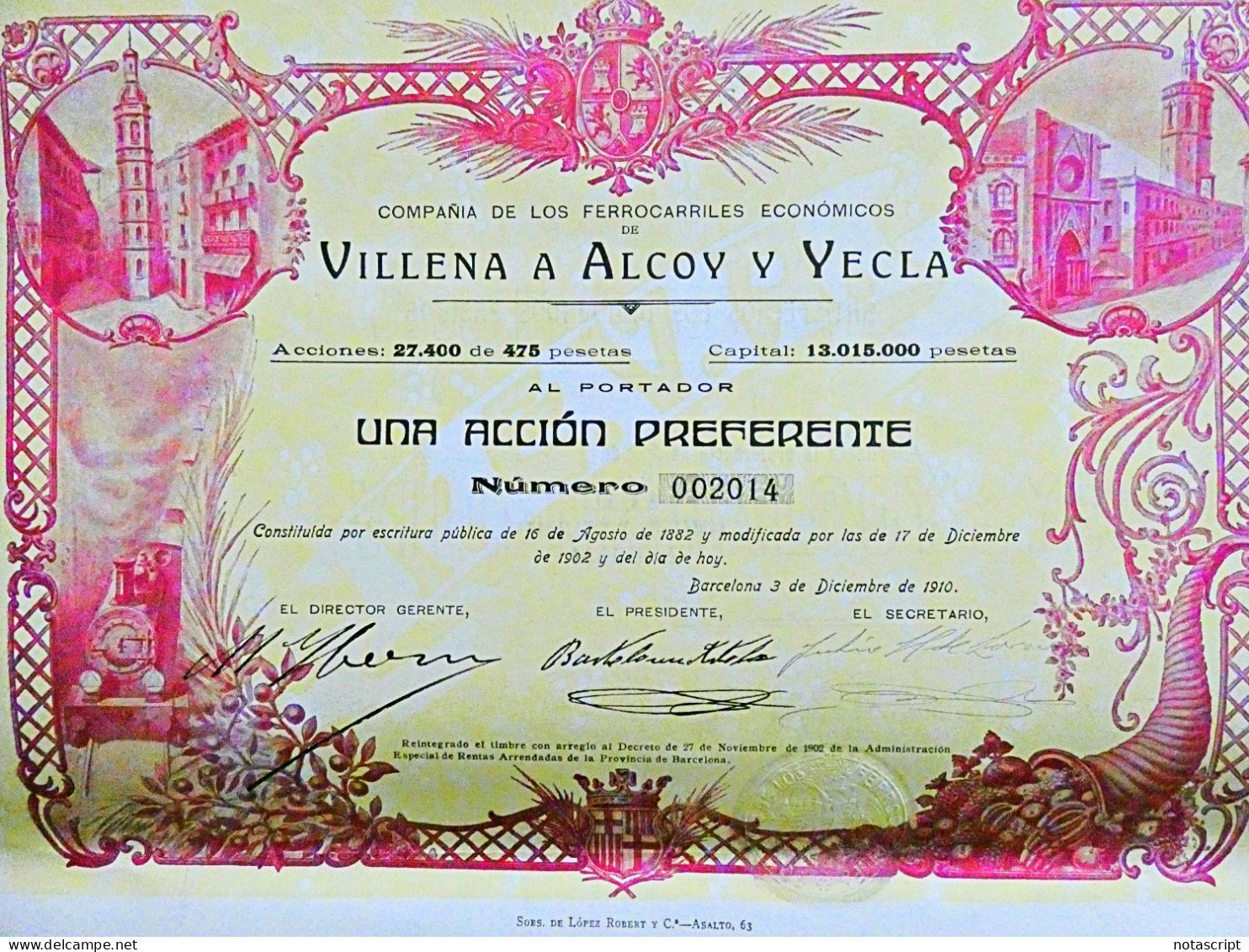 Ferrocarriles Económicos De Villena A Alcoy Y Yecla 1910, Spain  Share Certificate - Railway & Tramway