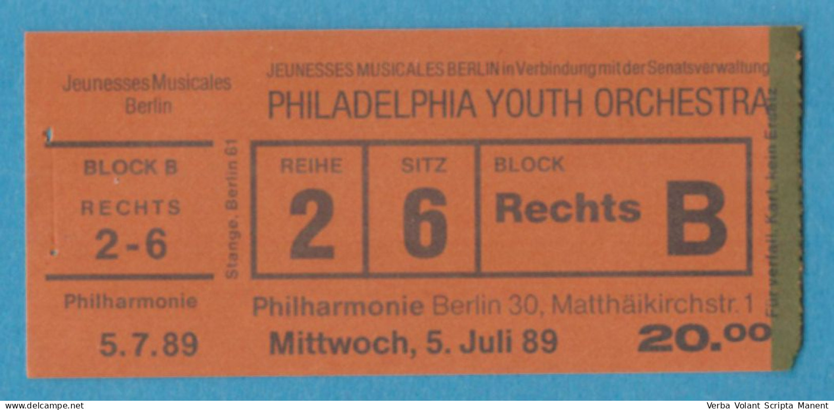 Q-4500 * Germany - PHILADELPHIA YOUTH ORCHESTRA, Philharmonie, Berlin - 1989 - Entradas A Conciertos