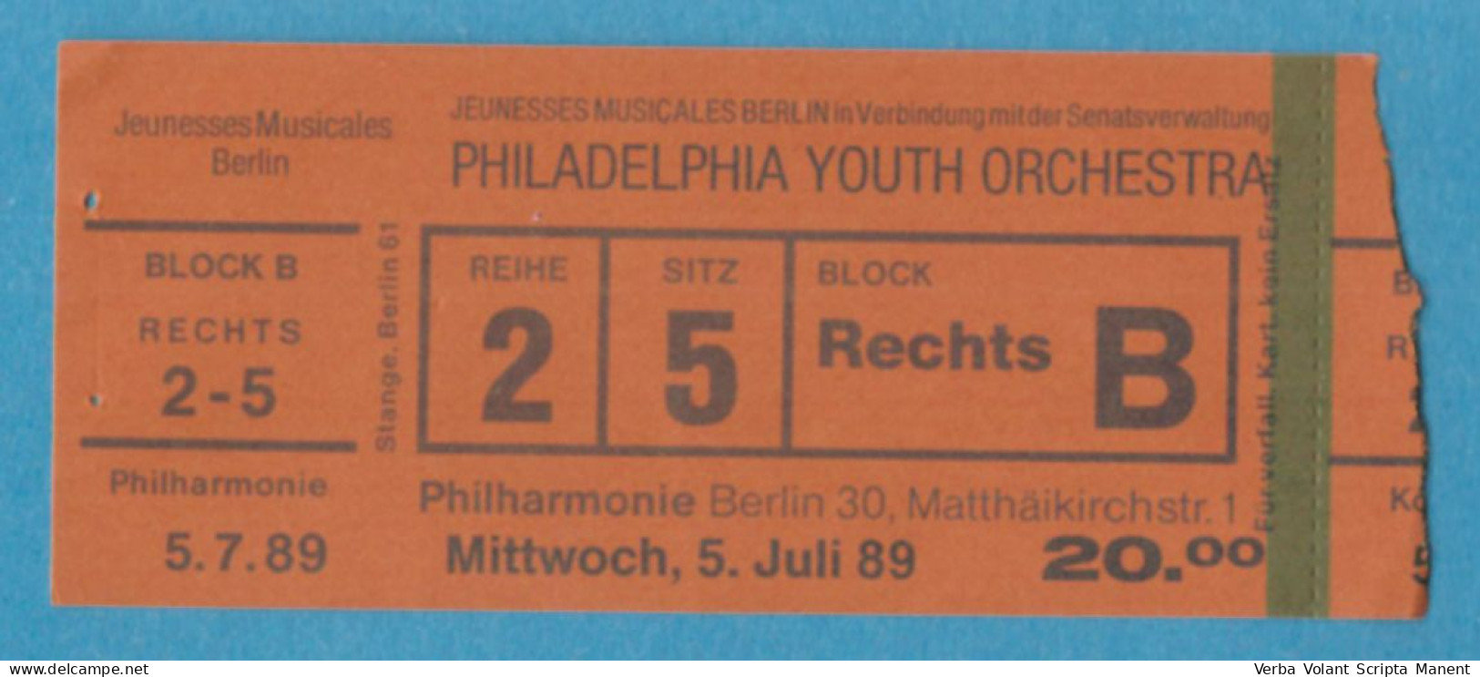 Q-4500 * Germany - PHILADELPHIA YOUTH ORCHESTRA, Philharmonie, Berlin - 1989 - Entradas A Conciertos