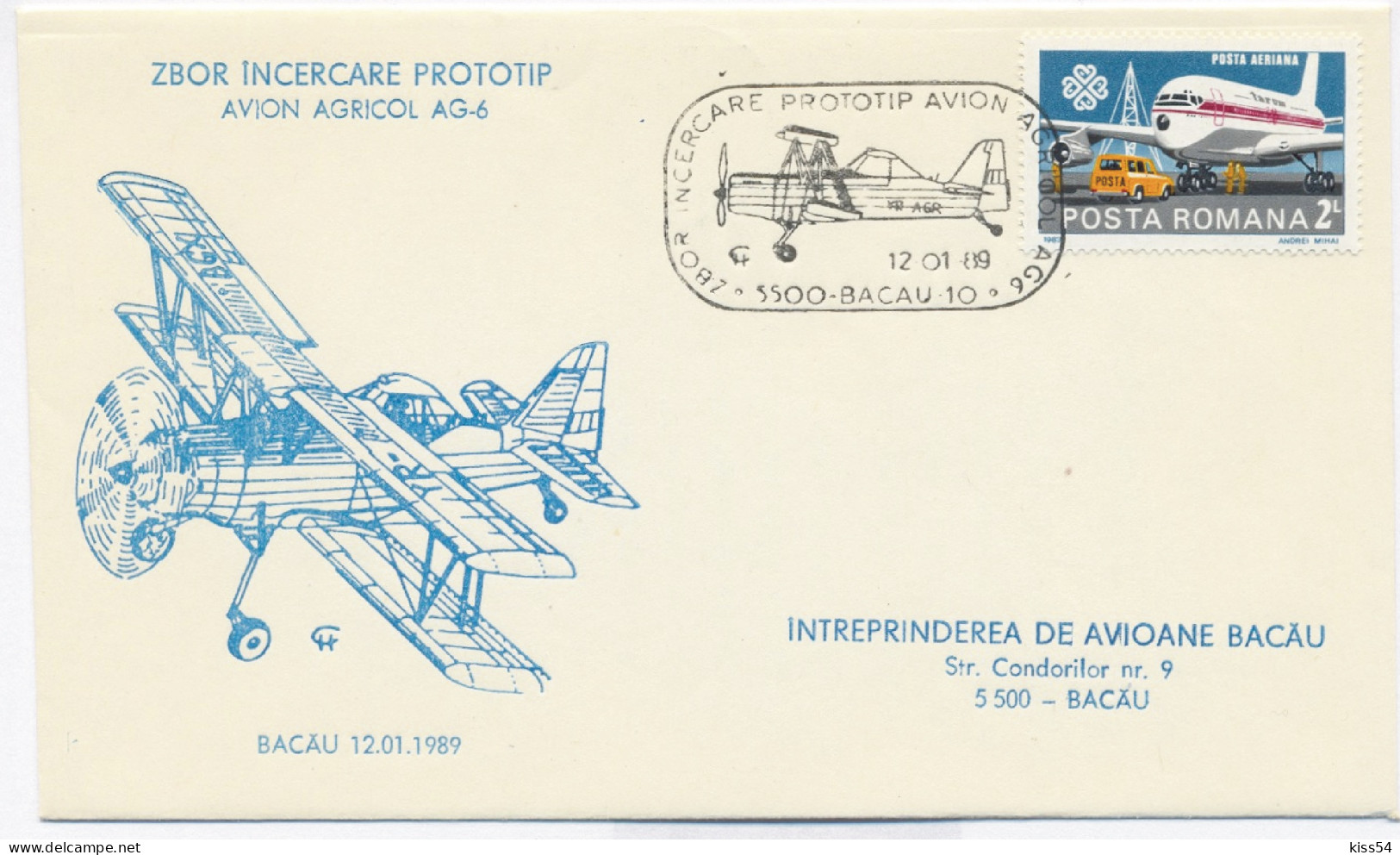 COV 90 - 964 AVION Agricol, Bacau - Cover - Used - 1989 - Storia Postale