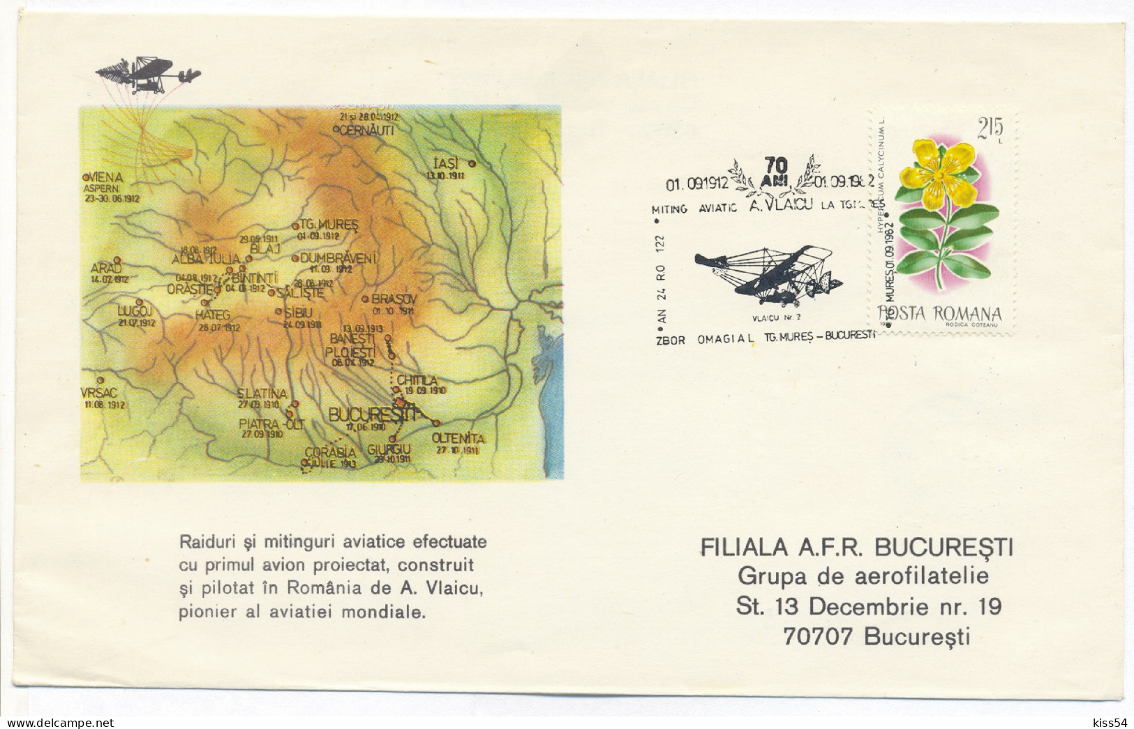 COV 90 - 993 Zbor Targu-Mures-Bucuresti, Romania - Cover - Used - 1986 - Cartas & Documentos