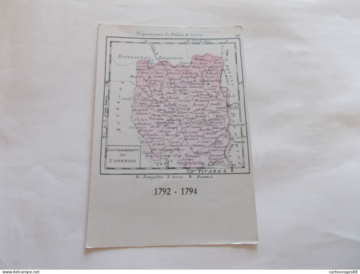 CARTE PUBLICITE  COMPTOIR PHILATELIQUE ROANNE  AVEC CARTE  DU DEPARTEMENT DE RHONE ET LOIRE 1792/1794 - Rhône-Alpes