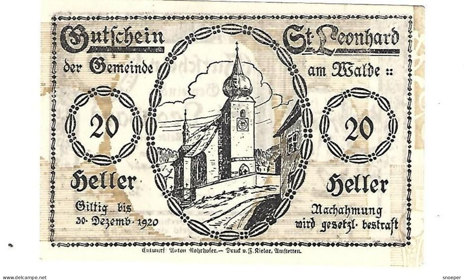 **Austria Notgeld St Leonhard Am  Walde 20 Heller  902a  Cat Val 1 Euro - Autriche