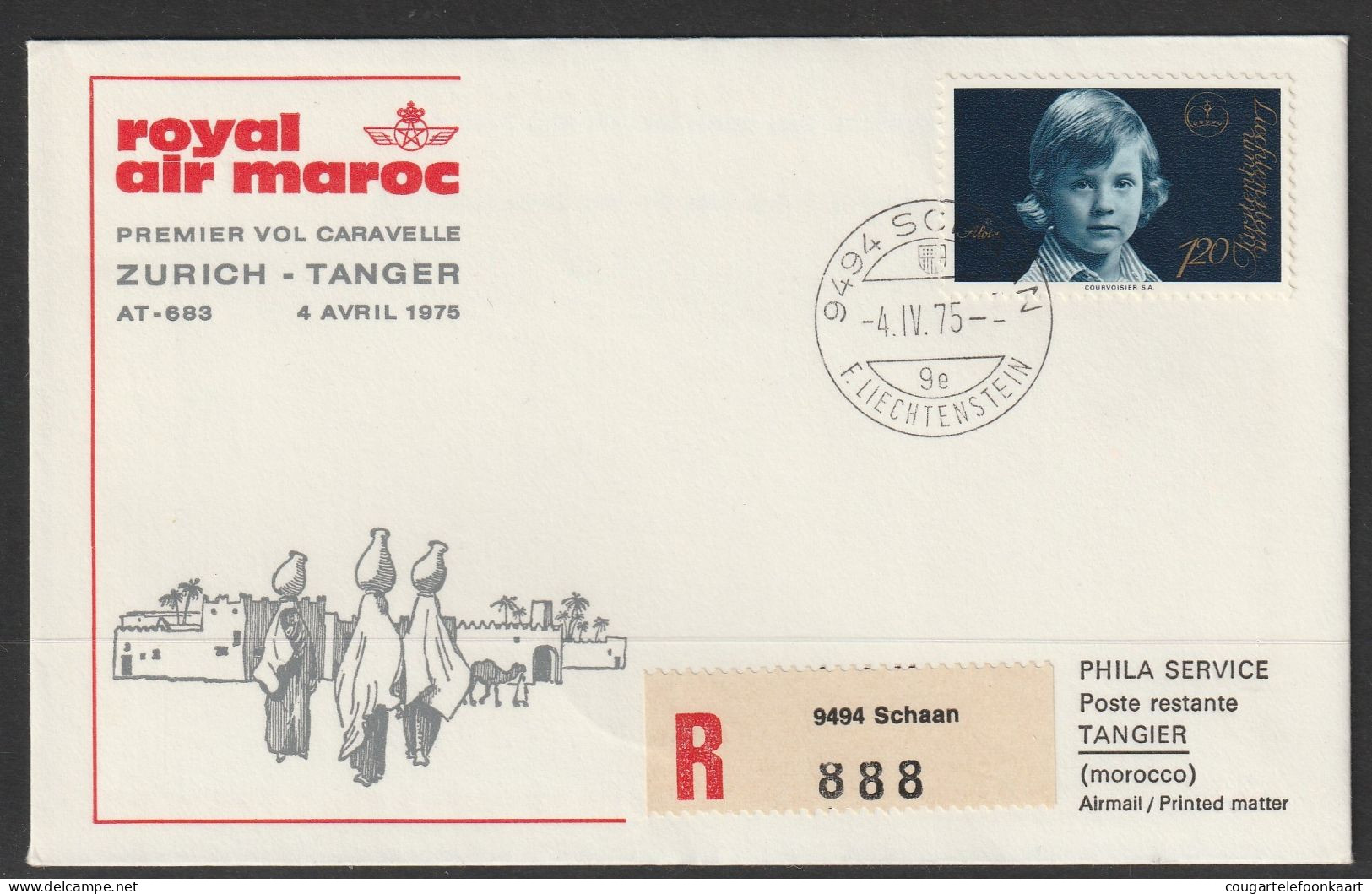1975, Royal Air Maroc, Erstflug, Liechtenstein - Tanger Tangier - Posta Aerea