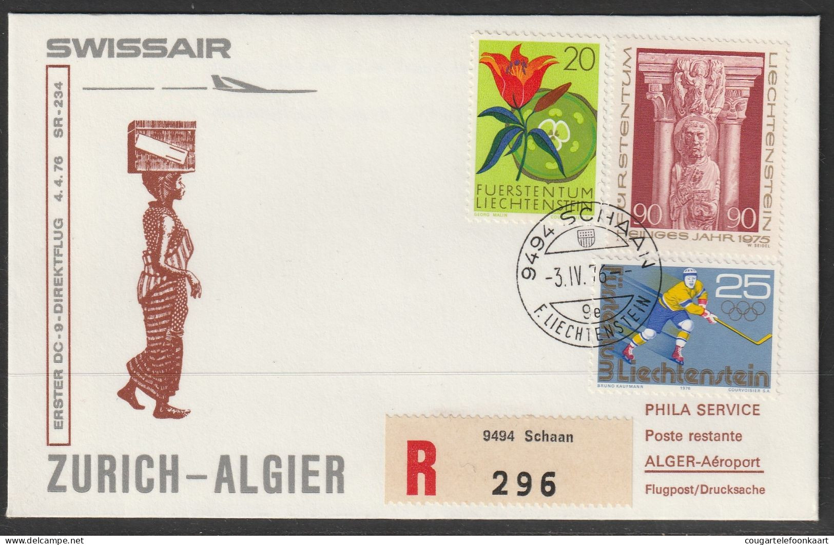 1976, Swissair, Erstflug, Liechtenstein - Alger Algier - Poste Aérienne