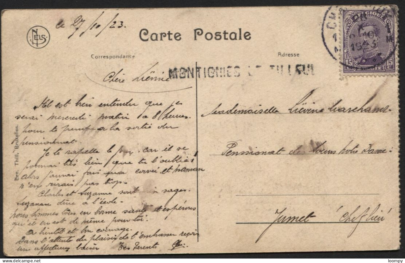 CP Obl. CHARLEROI + Griffe MONTIGNIES-LE-TILLEUL Vers Jumet 1923 - Griffes Linéaires