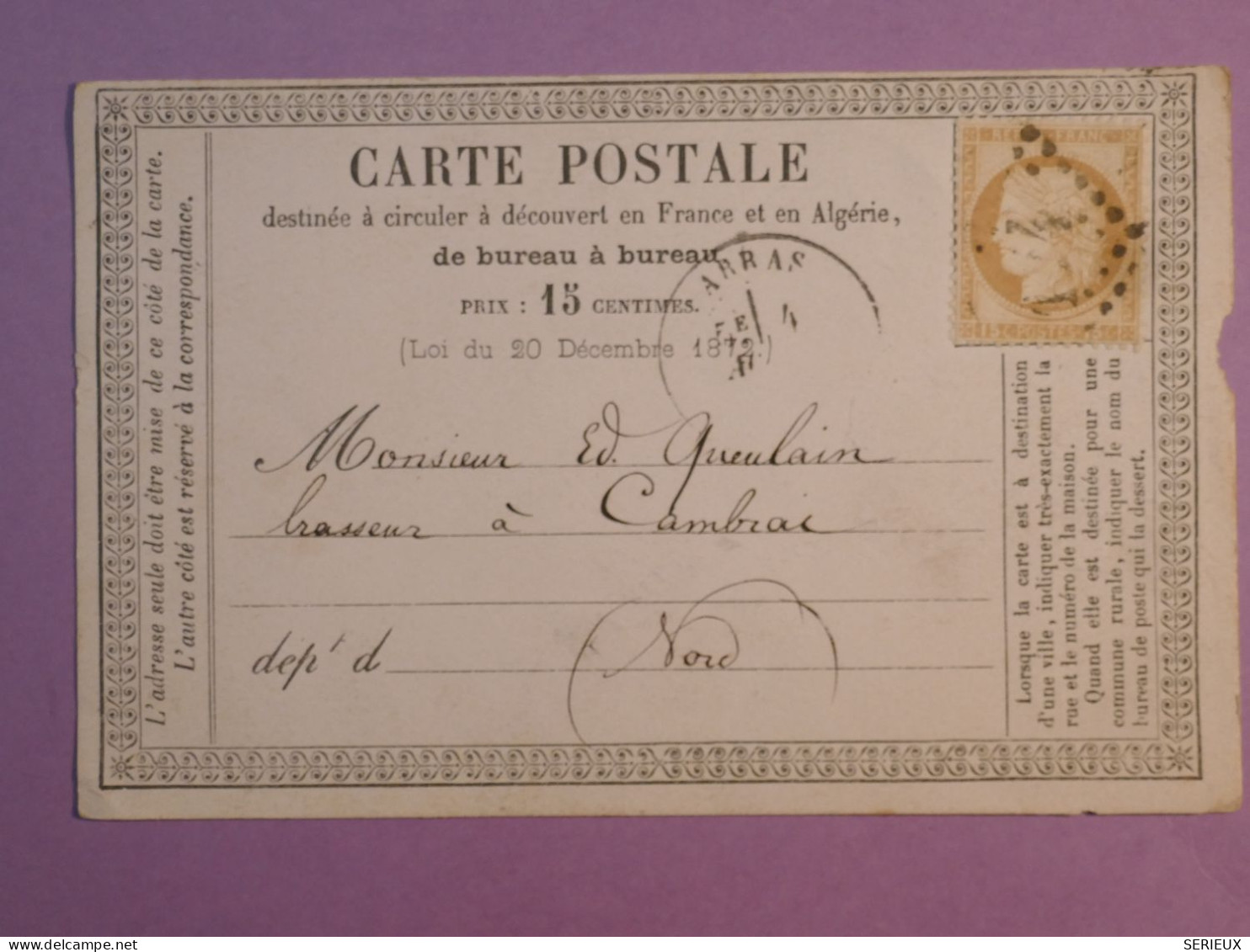 DL 7 FRANCE BELLE LETTRE   1875  ARRAS A CAMBRAI +AFF. ++AFF. INTERESSANT+ - 1849-1876: Classic Period