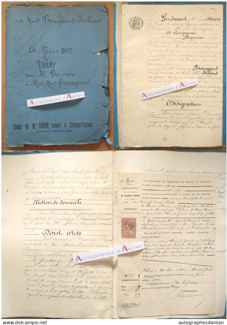 ● Acte 1892 Vente BARNIER / BEAUGEARD IMBAUD - Me Renon à Clermont Ferrand - Rue Chapelle De Jaude - 17p - Manuscripts