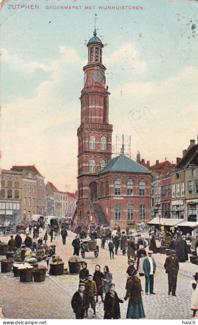3694	7	Zutphen, Groenmarkt Met Wijnhuistoren (poststempel 1908) (linksboven Een Kleine Vouw)	 - Zutphen