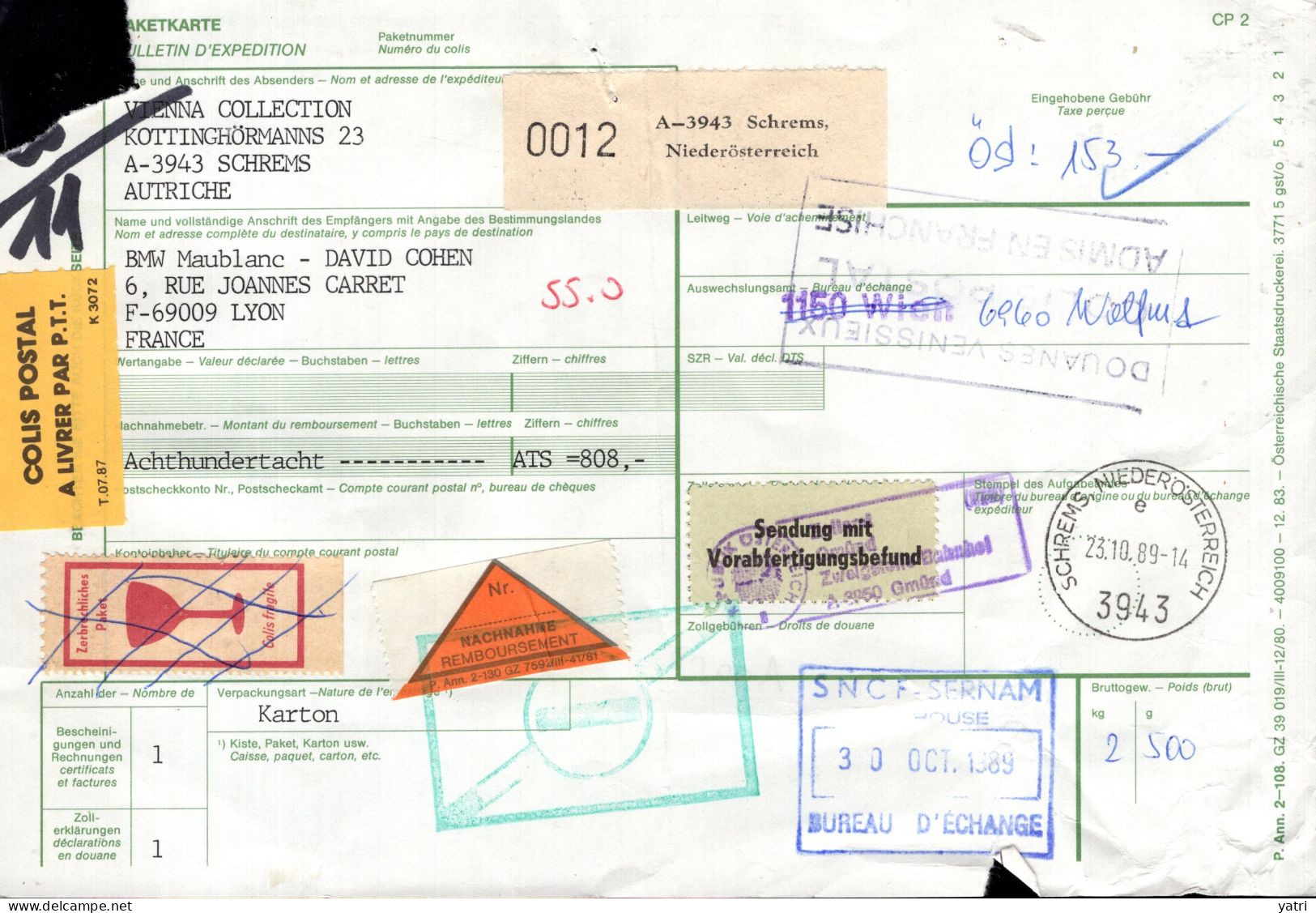Austria (1989) - Bollettino Pacchi Contrassegno Per La Francia - Briefe U. Dokumente
