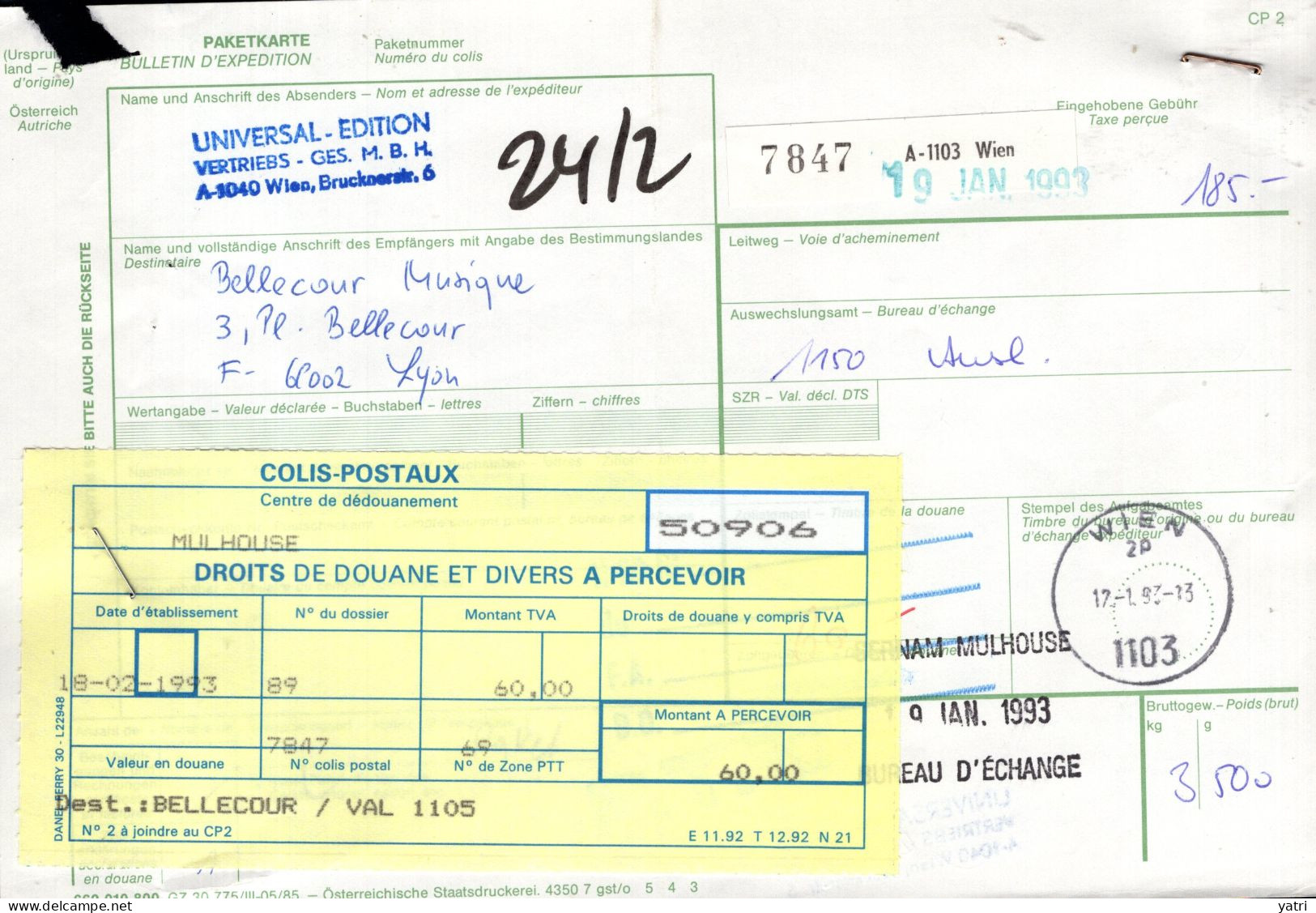 Austria (1993) - Bollettino Pacchi Per La Francia, Con Dettaglio Dei Diritti Doganali - Briefe U. Dokumente