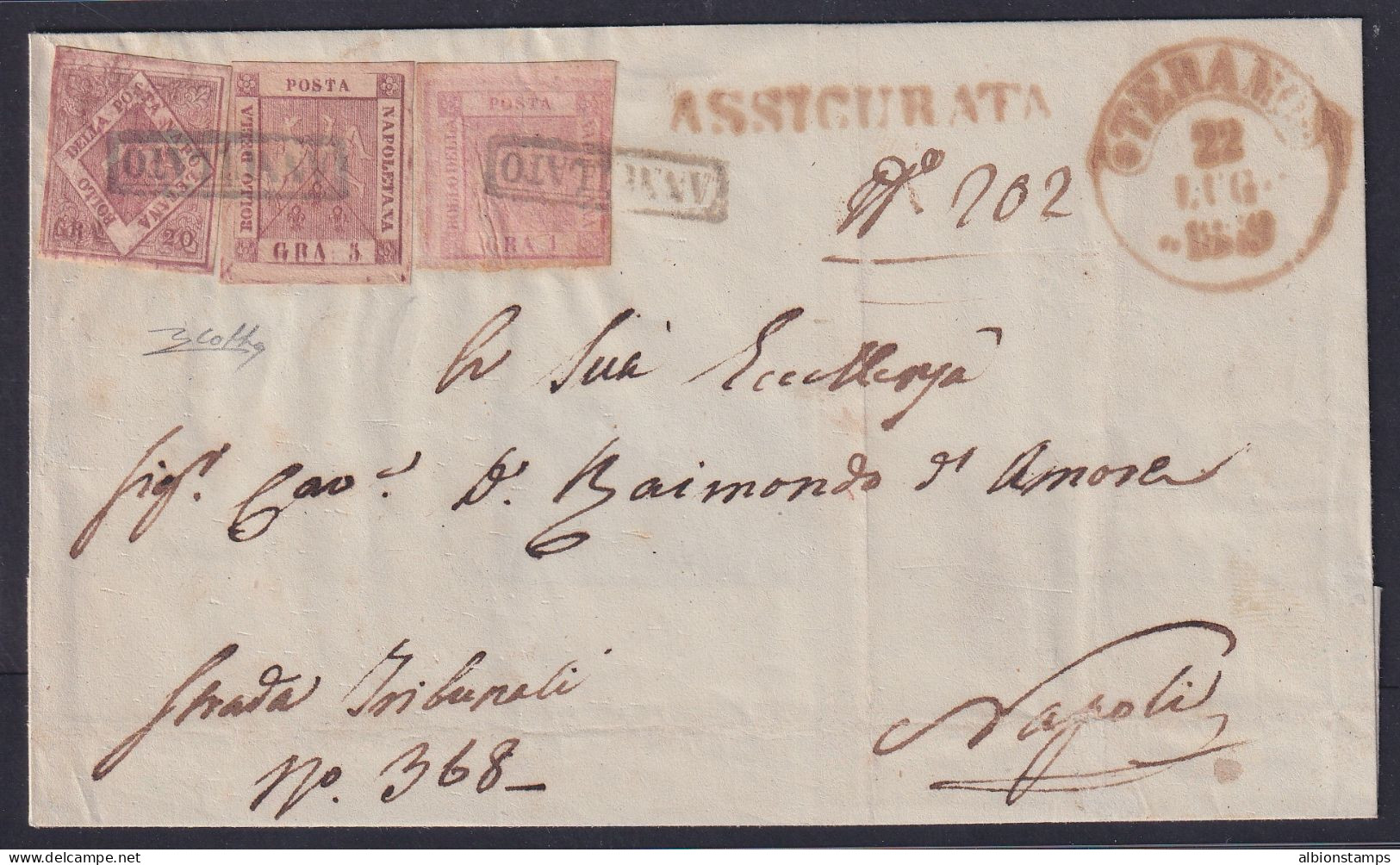 Naples, Sc 2, 4, 6 (Sassone 3, 8a, 12a), 1859 Reg Cover From Teramo, Colla Cert - Neapel