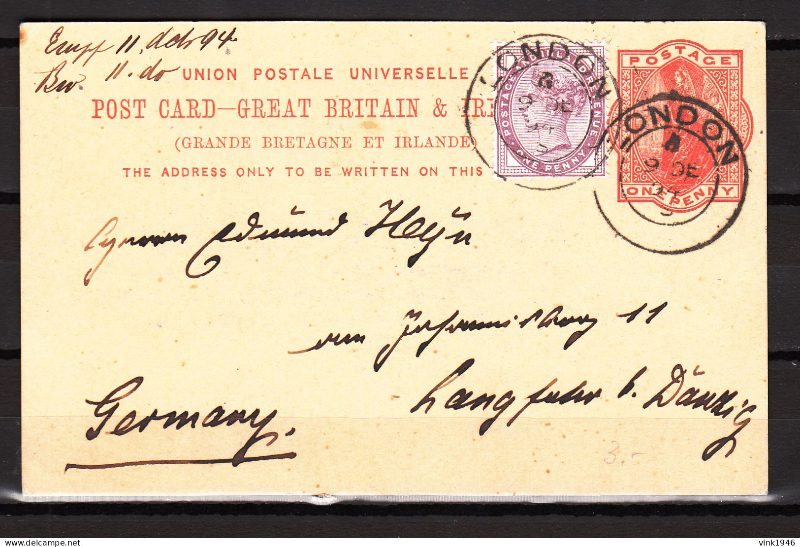 GB 1894, QV 1d Orangered Fine Postcard From London To Langfuhr DANZIG(D3770) - Covers & Documents