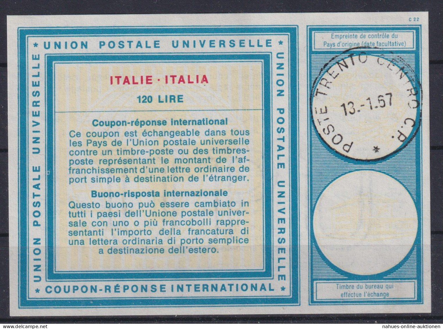 Trient Trento Italien Internationaler Antwortschein 120 Lire - Oblitérés
