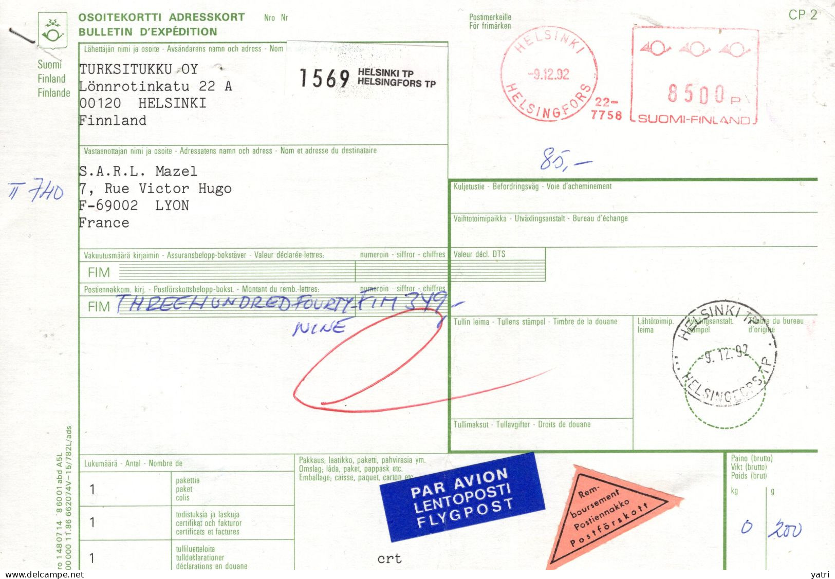 Finlandia (1992) - Bollettino Pacchi Via Aerea Contrassegno Per La Francia - Covers & Documents