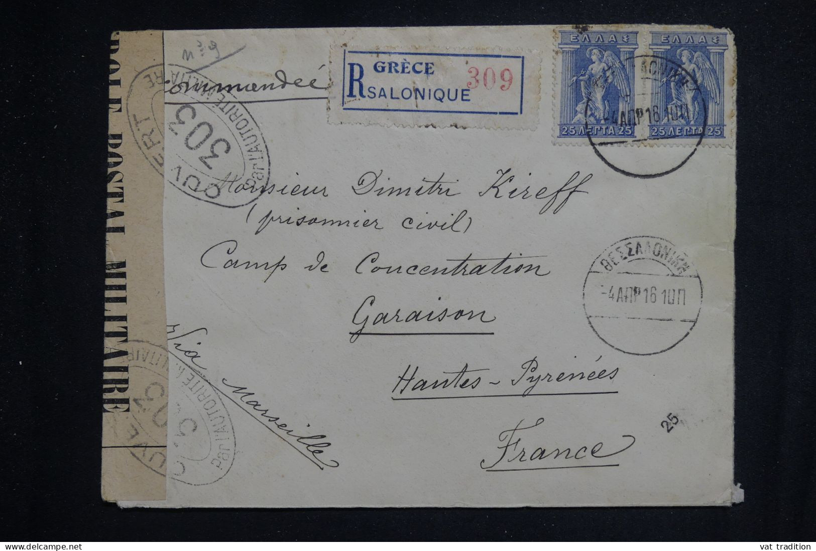 GRECE - Enveloppe En Recommandé De Athènes Pourun Camp De Concentration En France En 1916 Avec Contrôle Postal- L 150390 - Storia Postale