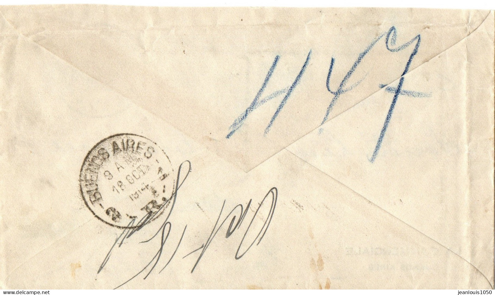 ARGENTINE LETTRE RECOMMANDEE OBLITEREE BUENOS AIRES18 OCTOBRE 1914 POUR LA BELGIQUE  GRIFFE INACCESSIBLE A L'ARRIVEE - Storia Postale
