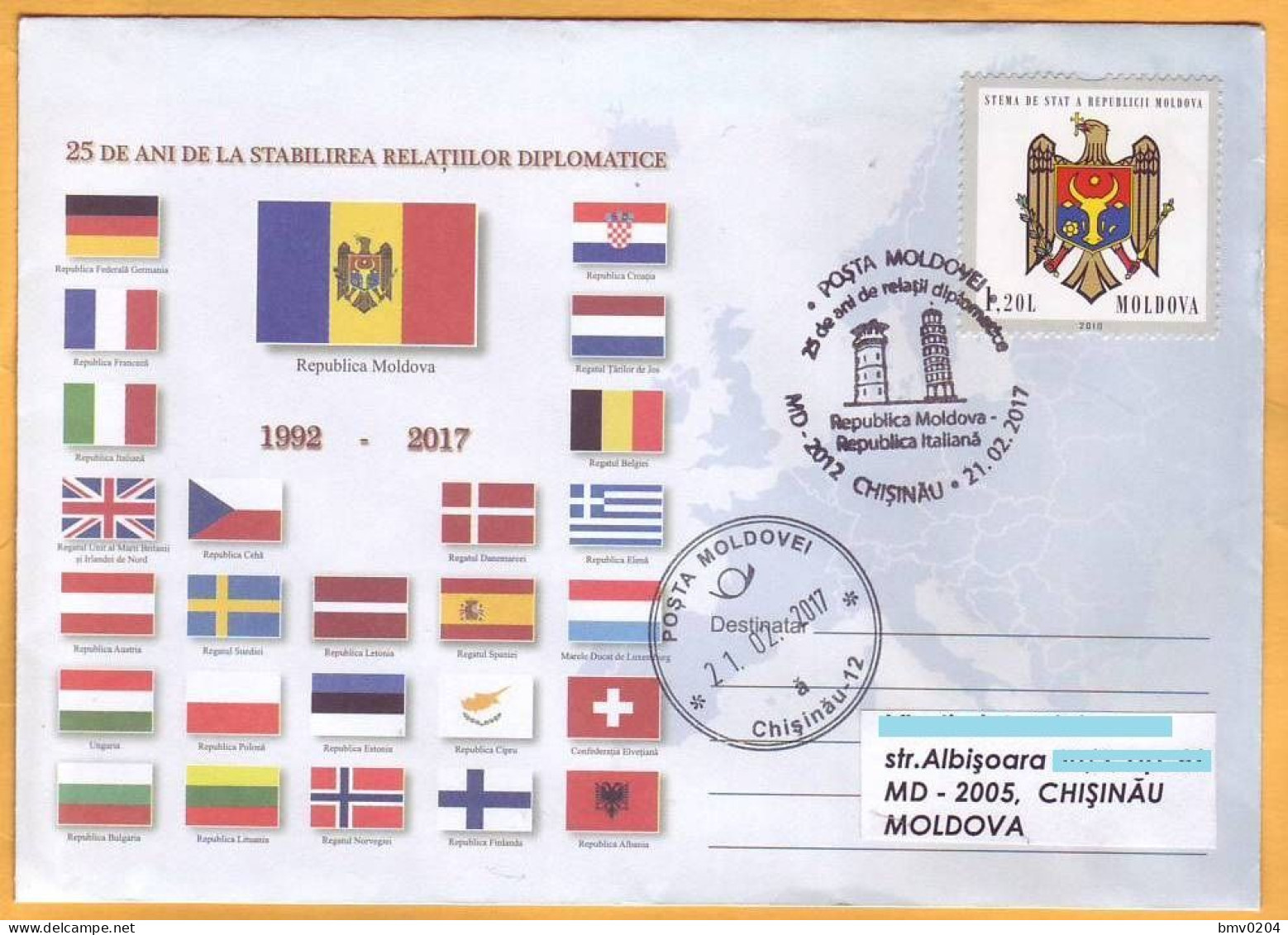 2017  Moldova Diplomatic Relations. Moldova, Italy.  Flags. 25 Years. Special Cancellations. - Moldavie