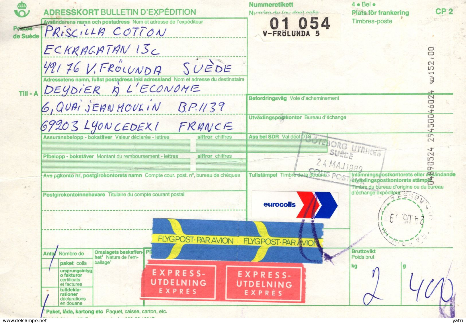 Finlandia (1989) - Bollettino Pacchi Via Aerea Espresso Per La Francia - Lettres & Documents