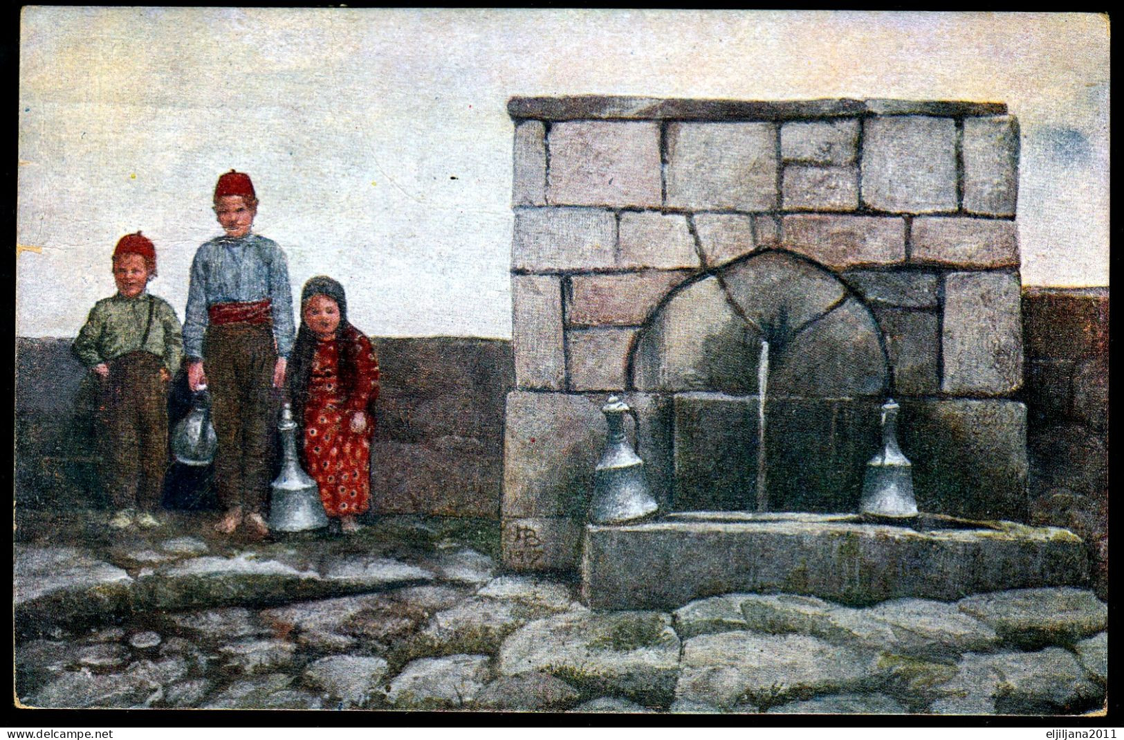 ⁕ Yugoslavia / Bosnia Saraj ⁕ VERLAG: LEON FINZI, K.u. K.Militar Post Sarajevo / Muslim Children At Spring ⁕ Postcard - Bosnie-Herzegovine