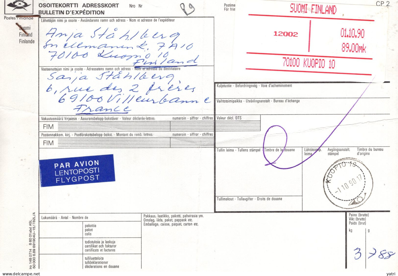 Finlandia (1990) - Bollettino Pacchi Via Aerea Per La Francia - Lettres & Documents