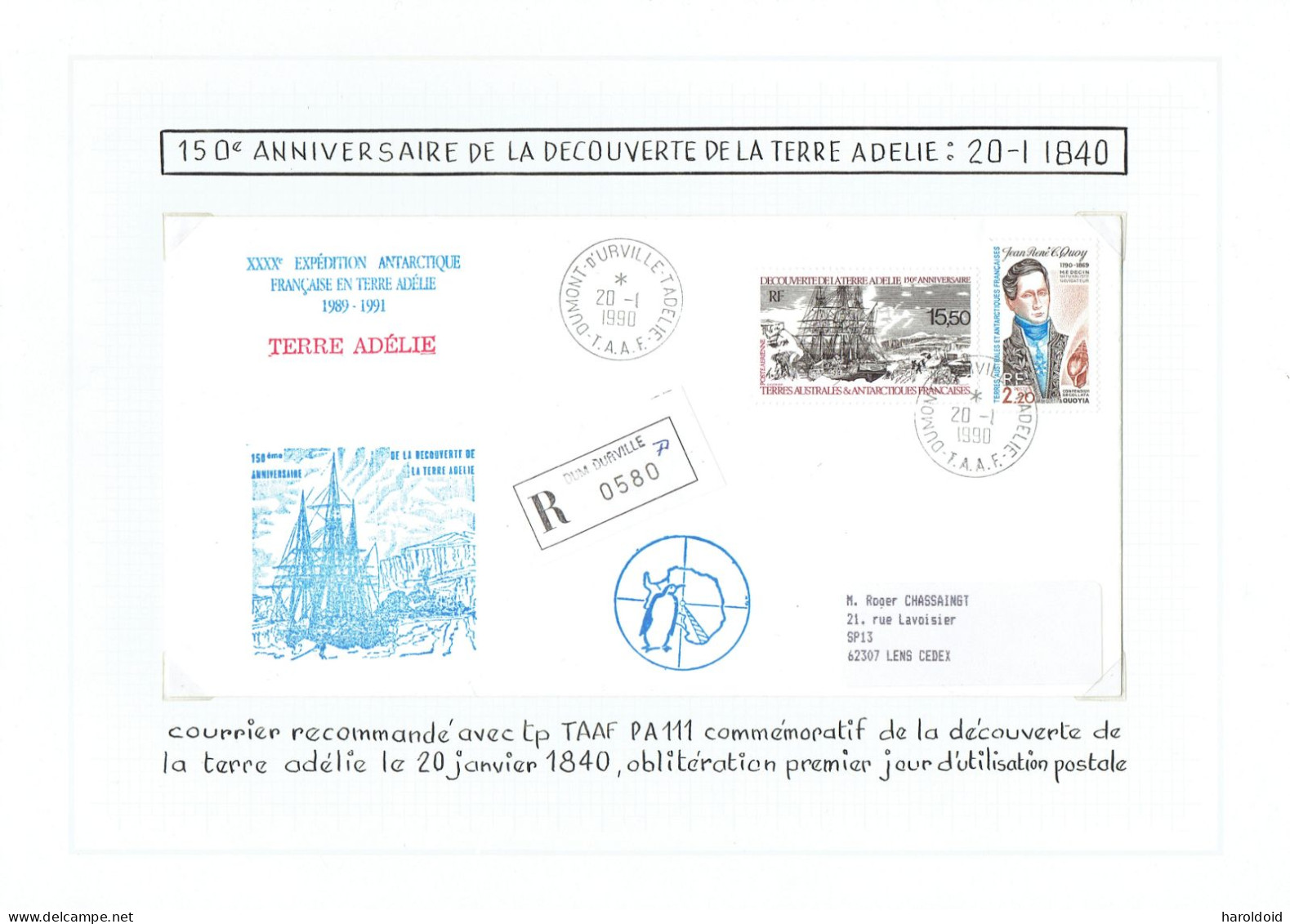 40e Expédition - Enveloppe Recommandée Base Dumont D'Urville 150e Anniversaire Découverte De La Terre Adélie 20/1/1840 - Brieven En Documenten