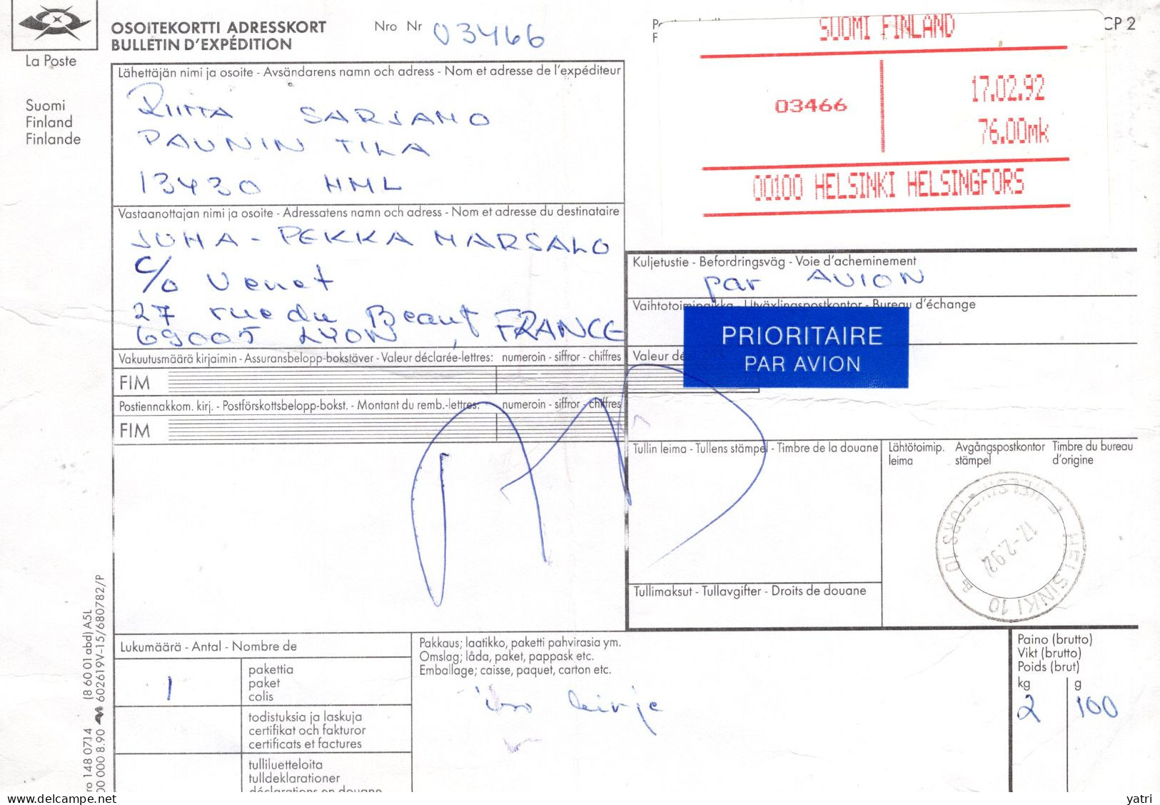 Finlandia (1992) - Bollettino Pacchi Prioritario Via Aerea Per La Francia - Briefe U. Dokumente