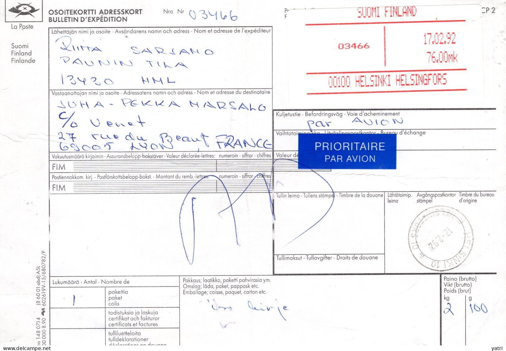 Finlandia (1992) - Bollettino Pacchi Prioritario Via Aerea Per La Francia - Lettres & Documents