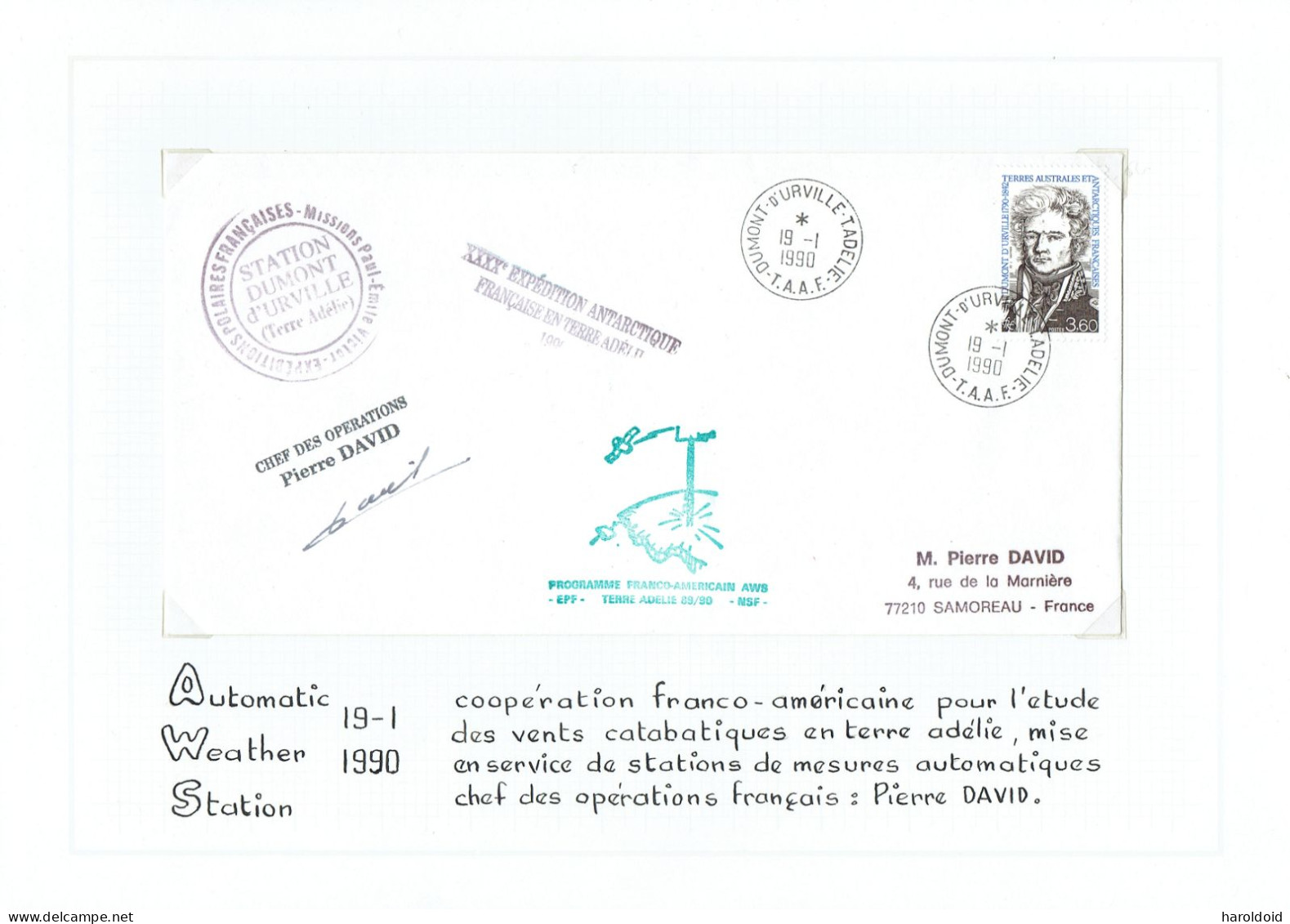 40e Expédition - Enveloppe Coopération Franco Américaine Etude Des Vents - Signature Du Chef Des Opérations CàD 19/1/90 - Brieven En Documenten