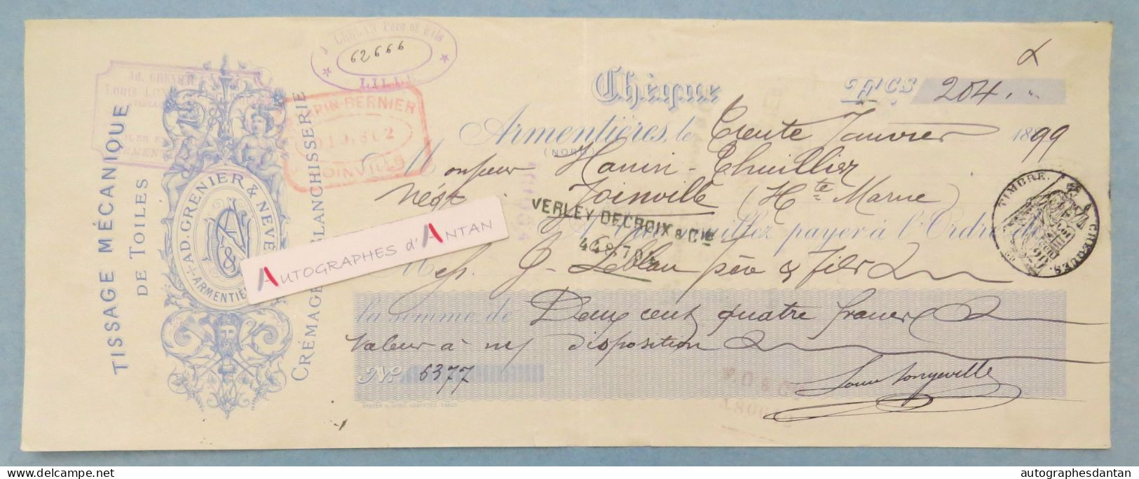 ● Armentières 1899 Beau Chèque Ad Grenier & Neveu Tissage Mécanique De Toile - Hanin Thuillier à Joinville - Rare Check - Chèques & Chèques De Voyage