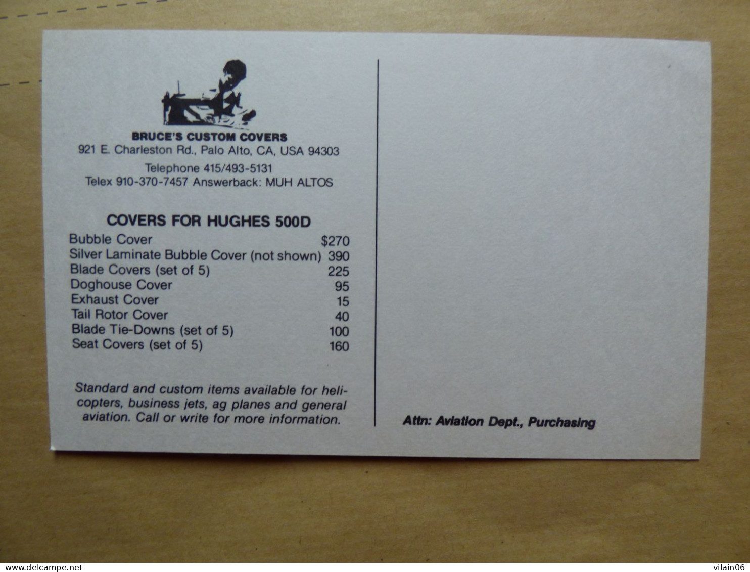 BRUCE S CUSTOM COVERS  ROBINSON R-22 /  CARTE COMPAGNIE / AIRLINES ISSUE - Helicópteros