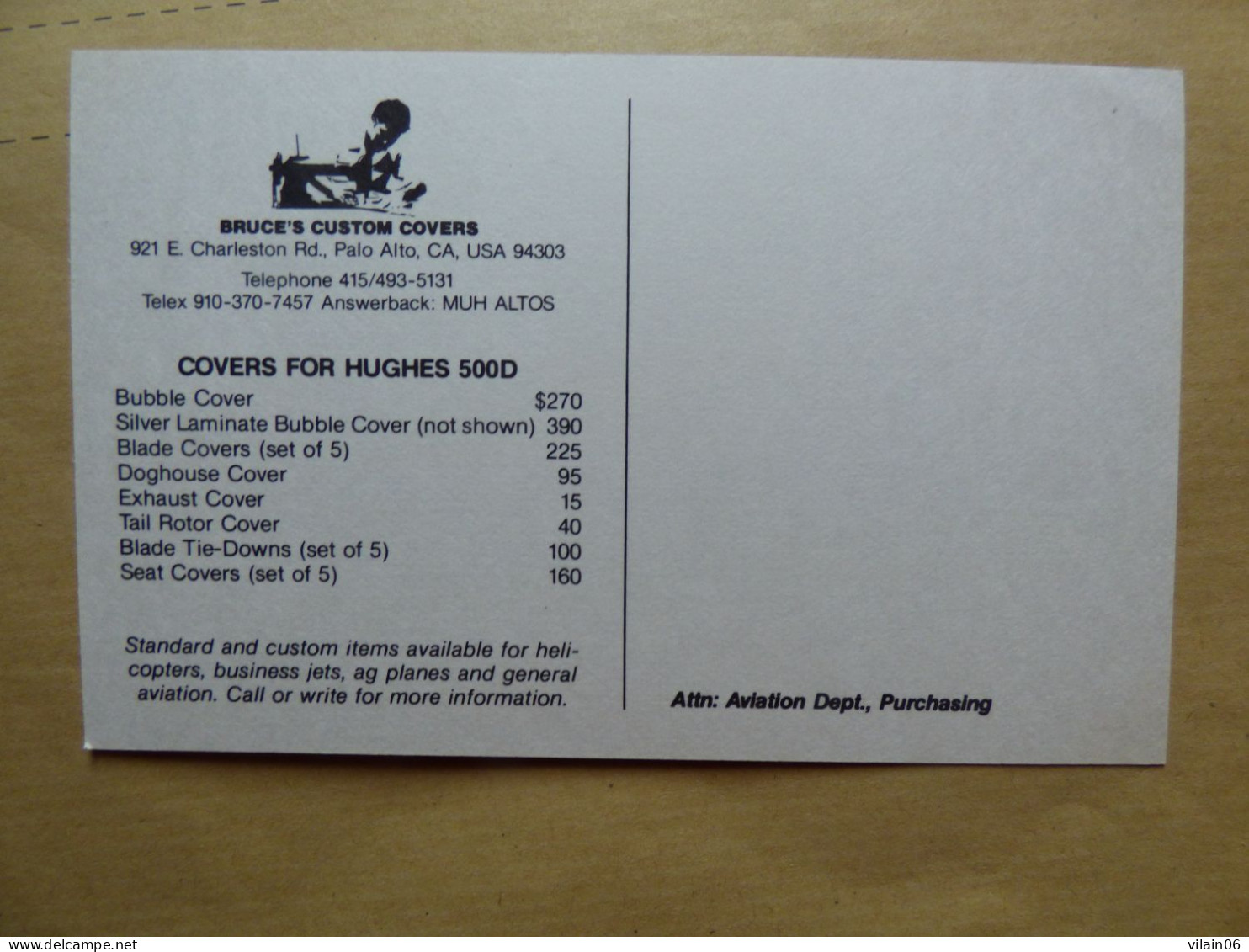 BRUCE S CUSTOM COVERS  ROBINSON R-22 /  CARTE COMPAGNIE / AIRLINES ISSUE - Hélicoptères