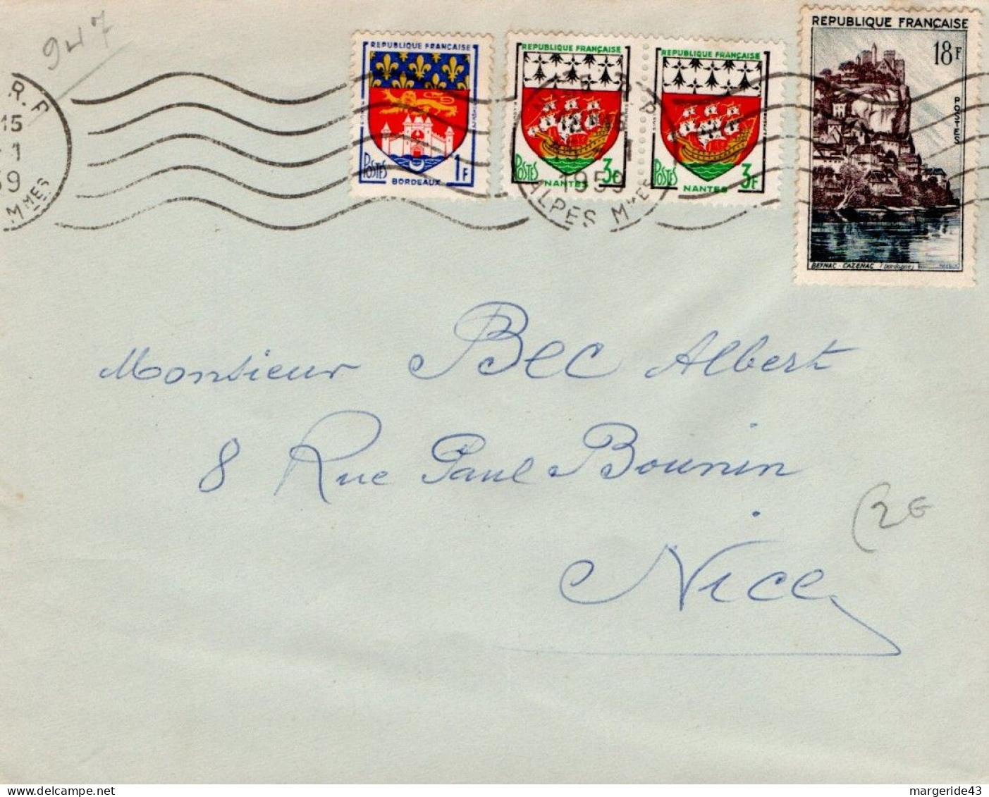 AFFRANCHISSEMENT COMPOSE SUR LETTRE DE NIOCE 1959 - Posttarieven