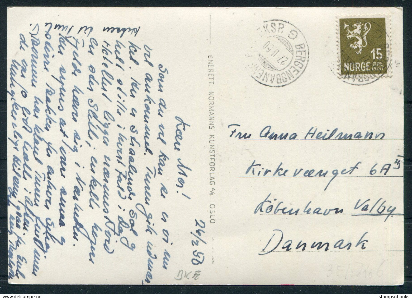 1950 Norway Postcard Bergensbanern Railway - Denmark - Lettres & Documents