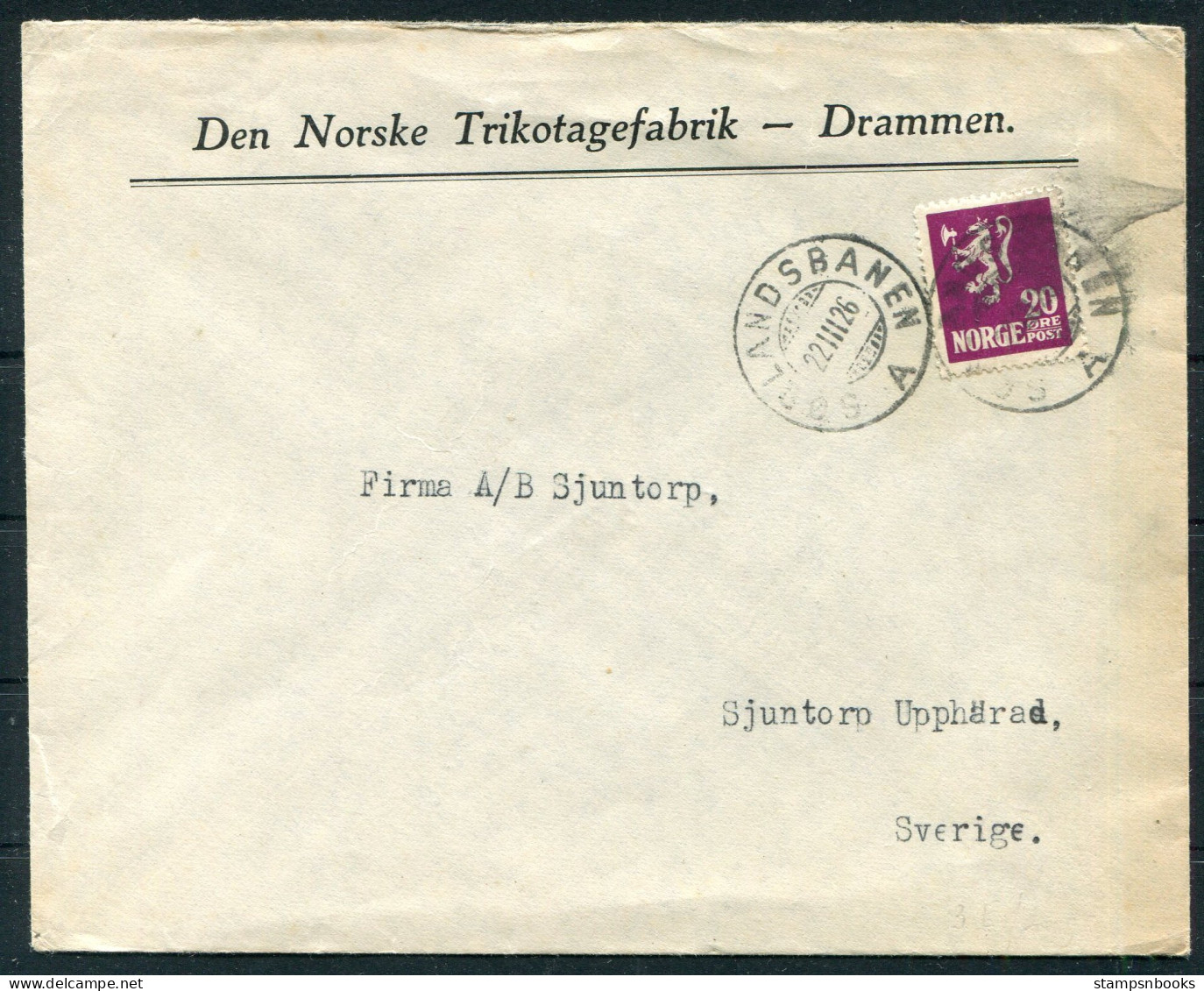 1926 Norway Trikotagefabrik, Drammen SØRLANDSBANEN Railway Cover - Sjuntorp Sweden  - Briefe U. Dokumente