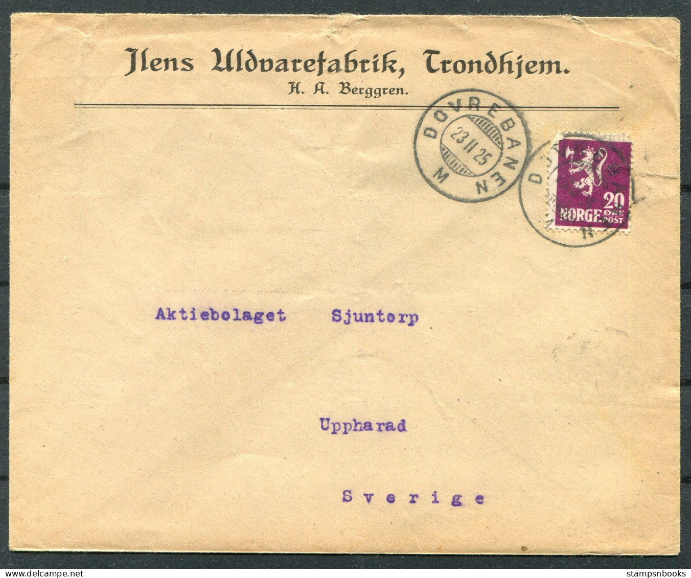 1925 Norway Trondheim DOVREBANEN Railway Cover - Uppharad Sweden - Lettres & Documents