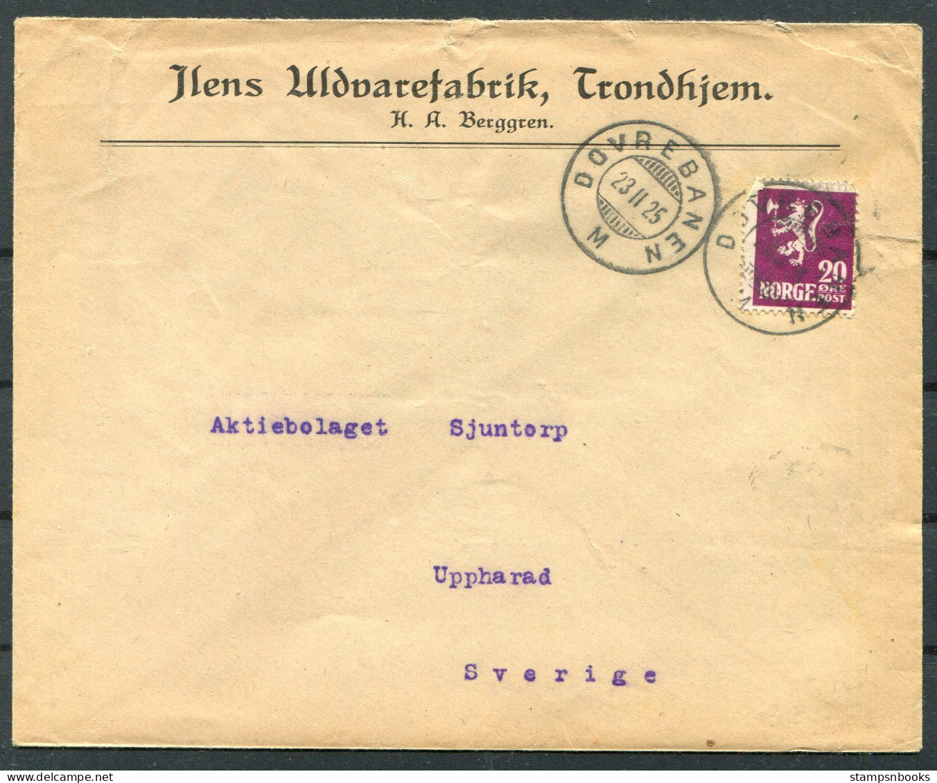 1925 Norway Trondheim DOVREBANEN Railway Cover - Uppharad Sweden - Brieven En Documenten