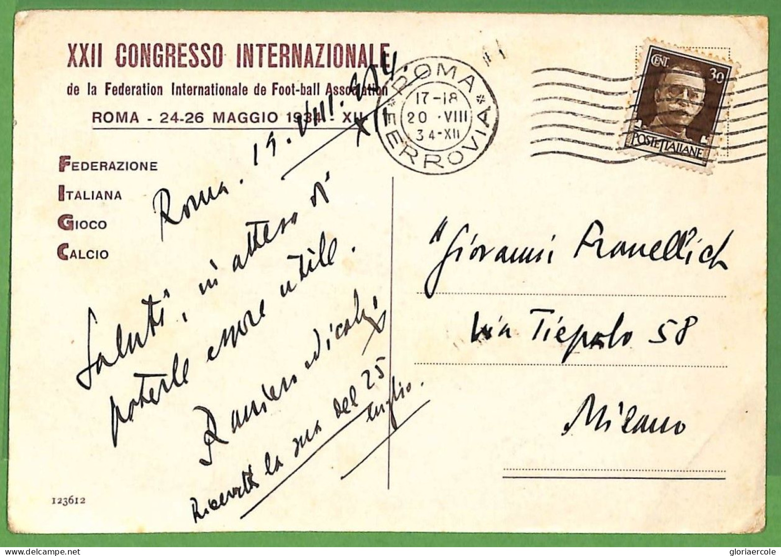 P1015 - ITALY - POSTAL HISTORY - FOOTBALL 1934 FIFA Congress - Signed NICOLAI  - OLYMPICS - Altri & Non Classificati