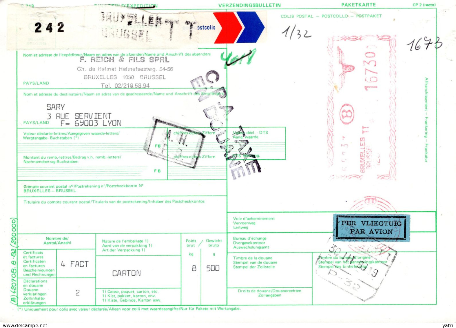 Belgio (1989) - Bollettino Pacchi Via Aerea Per La Francia - Briefe U. Dokumente