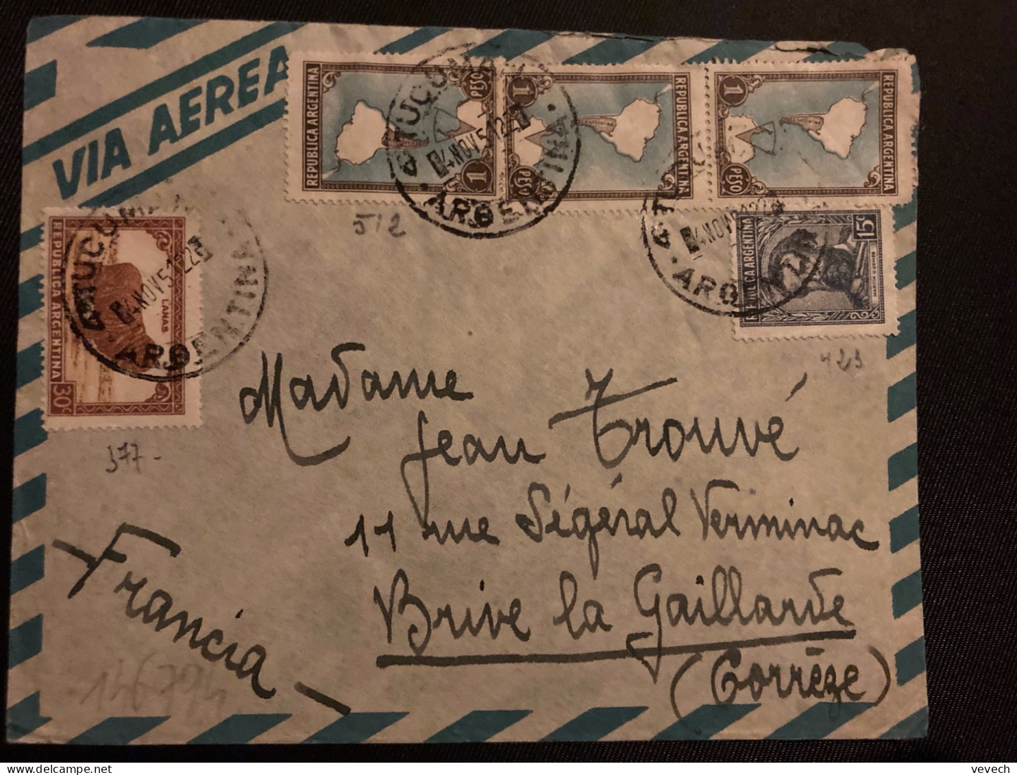 LETTRE Par Avion Pour La FRANCE TP 1P X3 + 30c + 15c OBL.4 NOV 51 TUCUMAN - Lettres & Documents