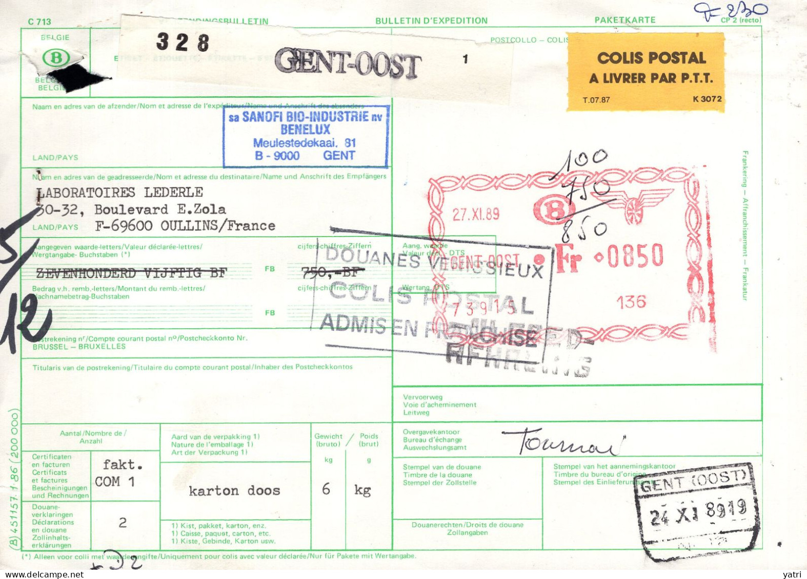 Belgio (1989) - Bollettino Pacchi Per La Francia - Covers & Documents