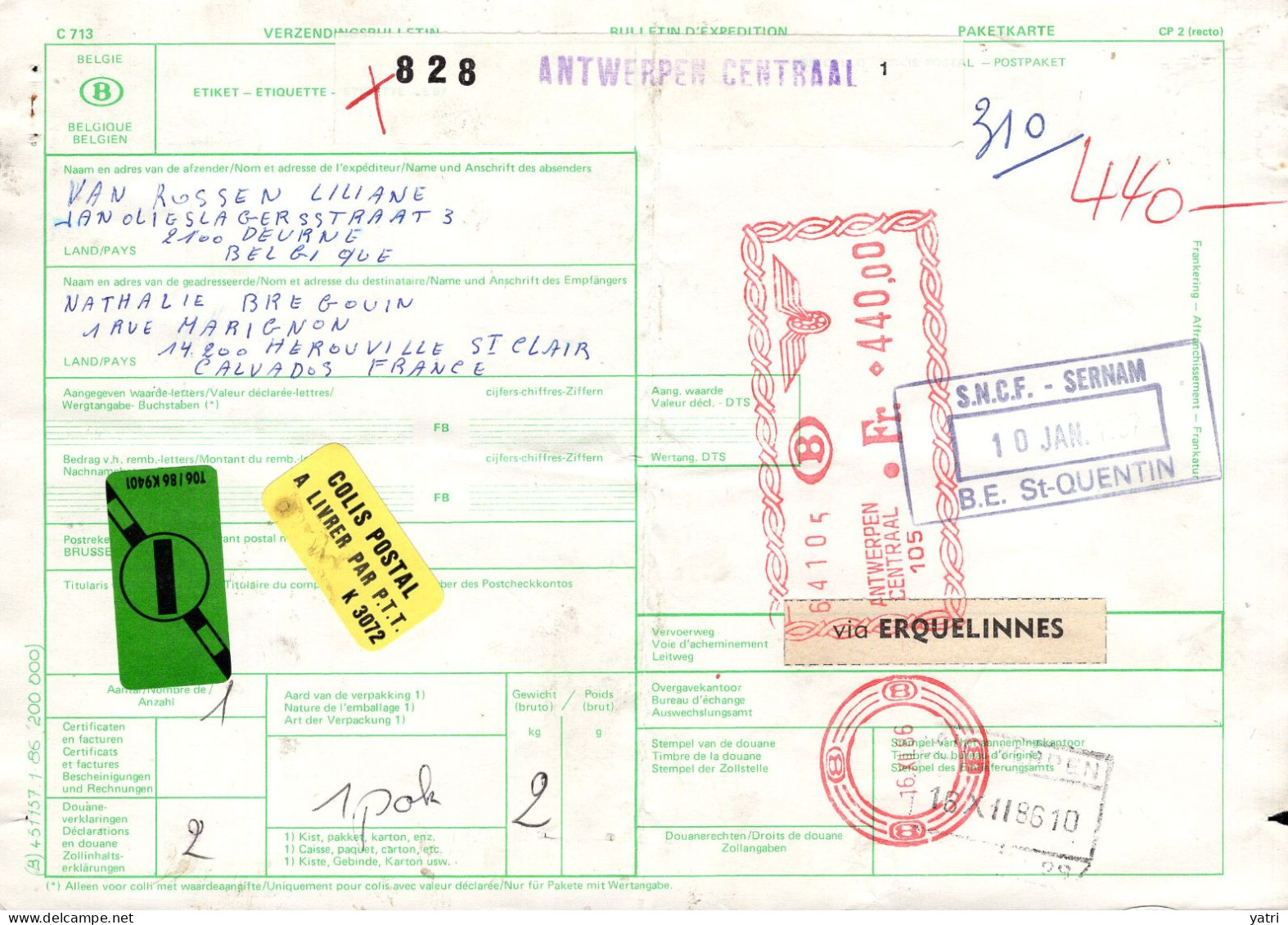 Belgio (1986) - Bollettino Pacchi Per La Francia - Lettres & Documents
