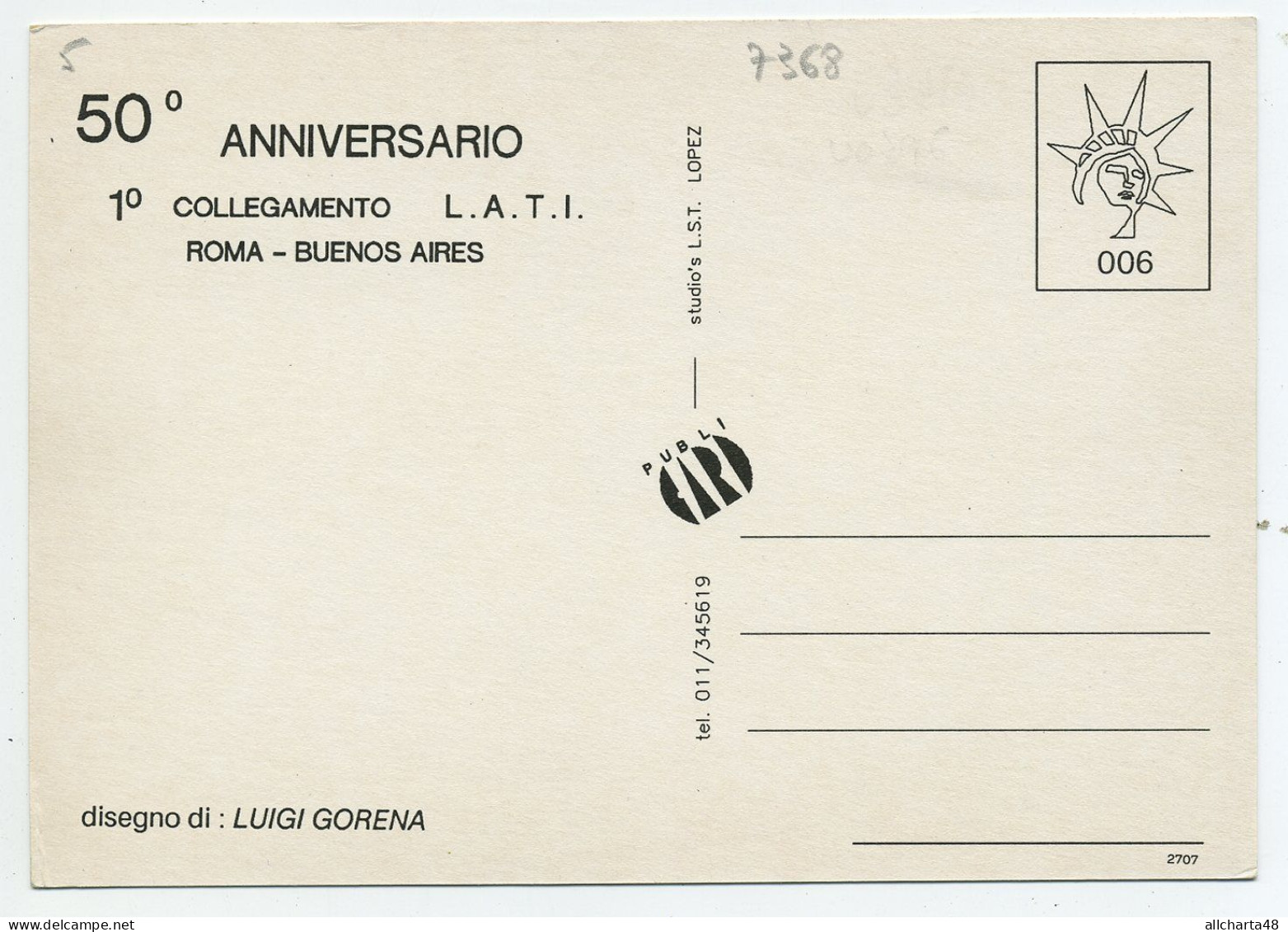 D7368] Cartolina Commemorativa 50° ANNIVERSARIO PRIMO VOLO AEREO ROMA-BUENOS AIRES L.A.T.I. Ediz. PubliCard - 1946-....: Era Moderna